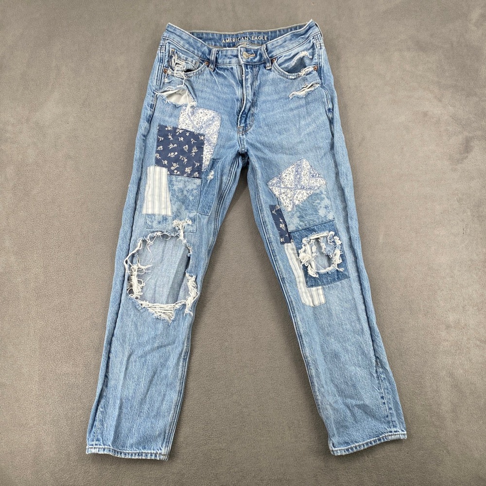 American Eagle Distressed Patchwork Mom Jeans Light Wash Y2K Size 6 Regular